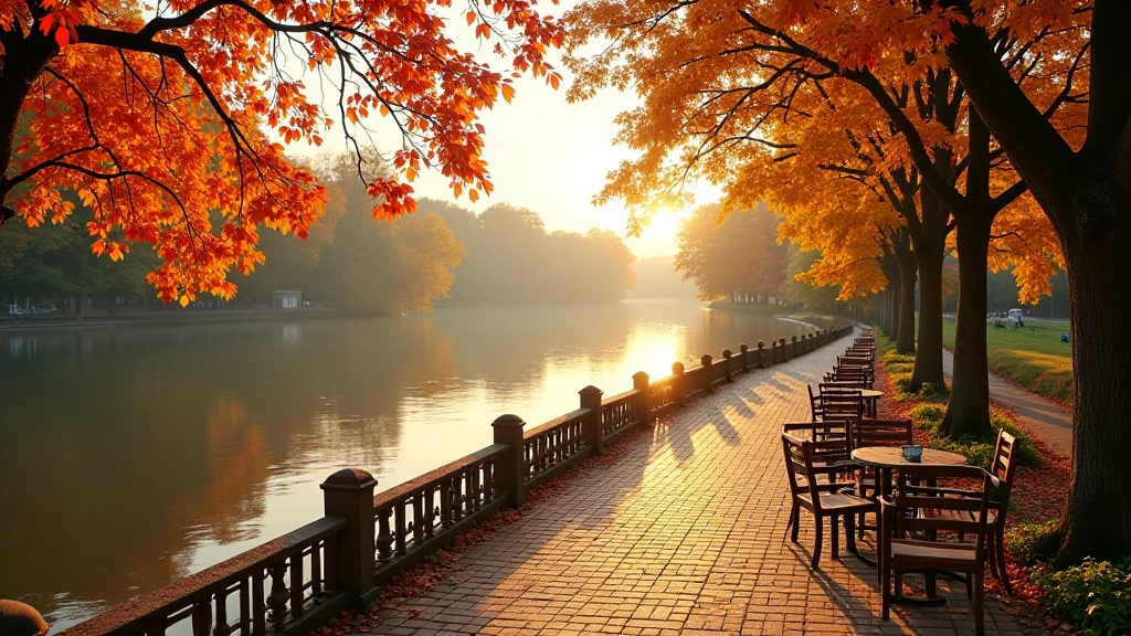 Herfstkleuren aan de rivier, lege terrasjes met gele en rode bladeren