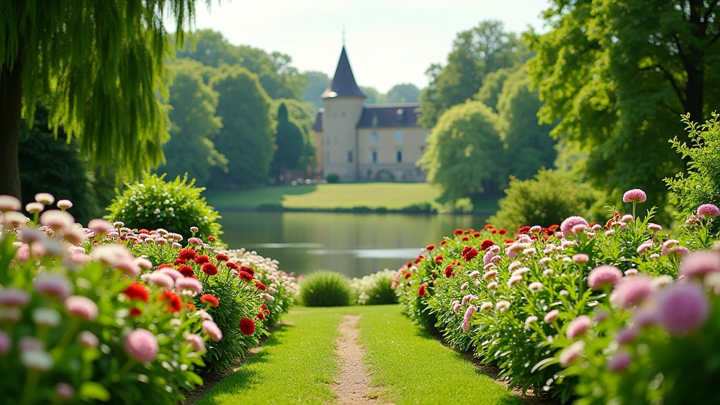 Kasteeltuin met bloemen langs een rivieroever, groen en rustig