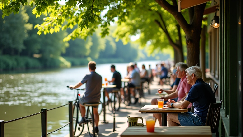 Gezellig terras langs de rivier met parasols en stoelen