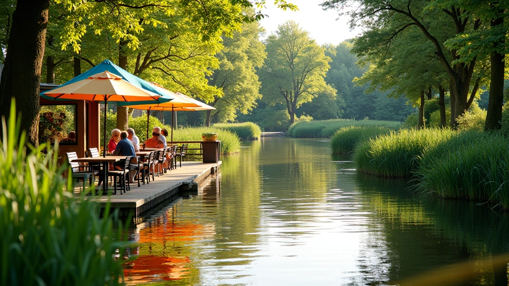 Houten terras met uitzicht op het water, parasols tegen de zon