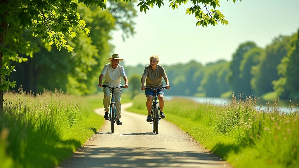 Fietsroute langs de Maas met senioren op een mooie zonnige dag