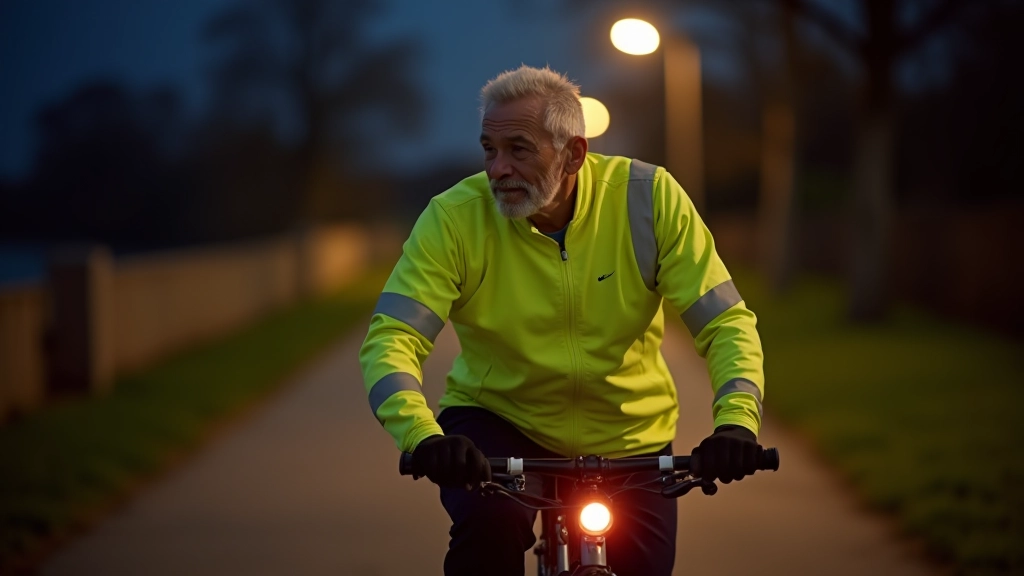 Senior fietser met heldere verlichting en reflecterende kleding op een avondfietstochtje