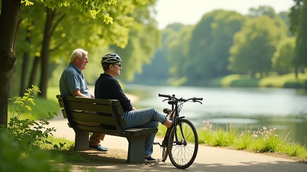 Senioren genieten van een rustpauze op een bank langs een fietsroute