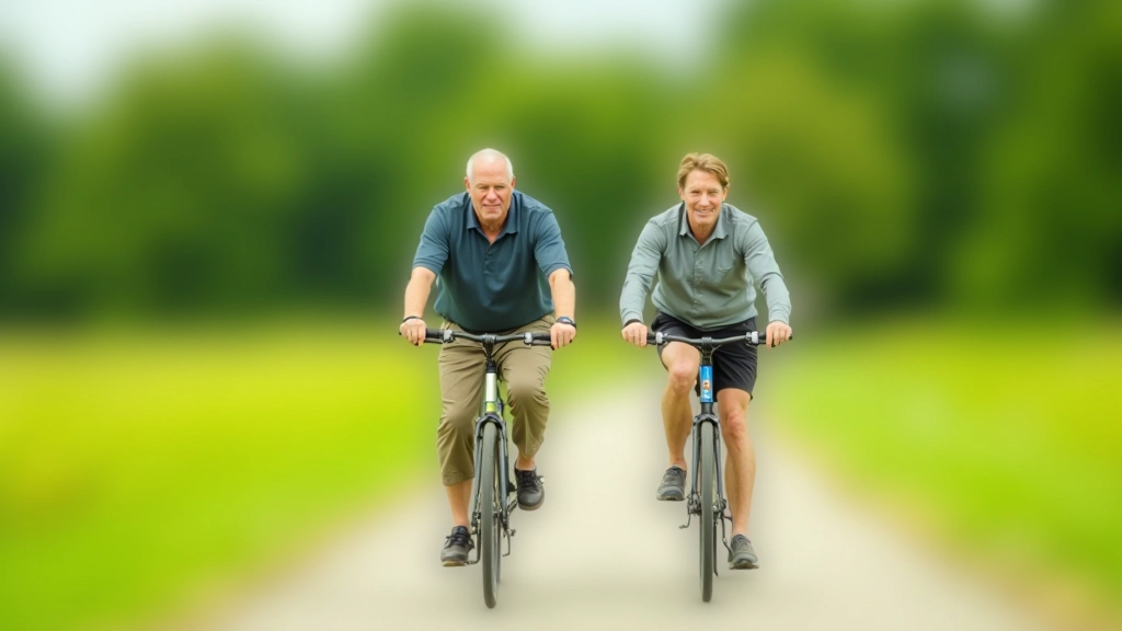Twee senioren fietsen samen op een rustig fietspad in groen Limburgs landschap