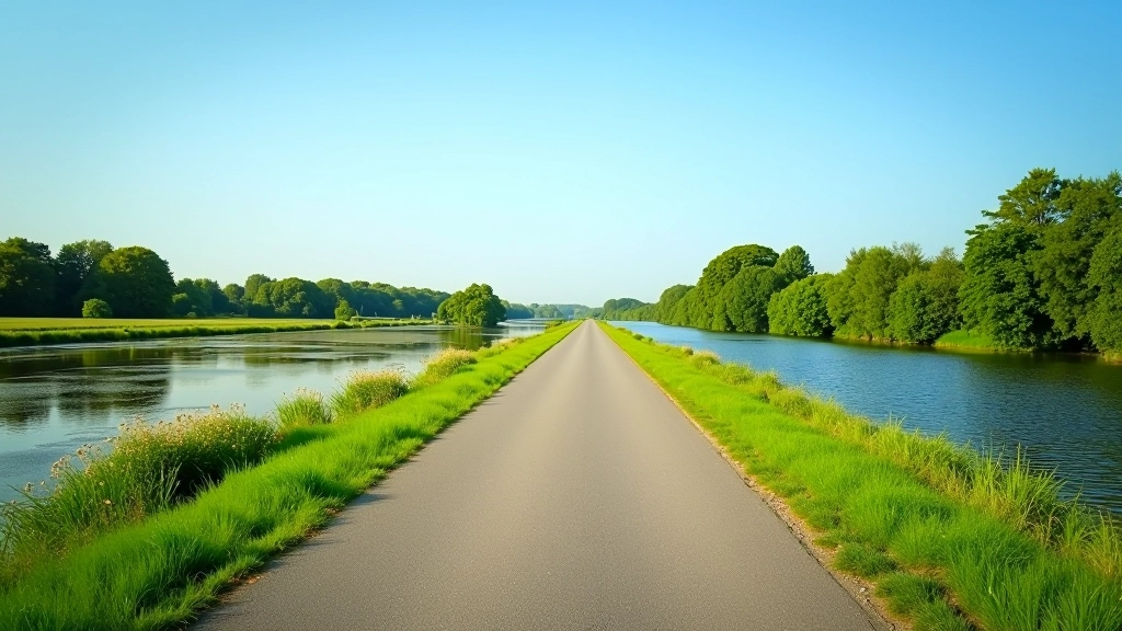 Breed fietspad langs de Maas met groene oevers en blauwe hemel, ideaal voor senioren
