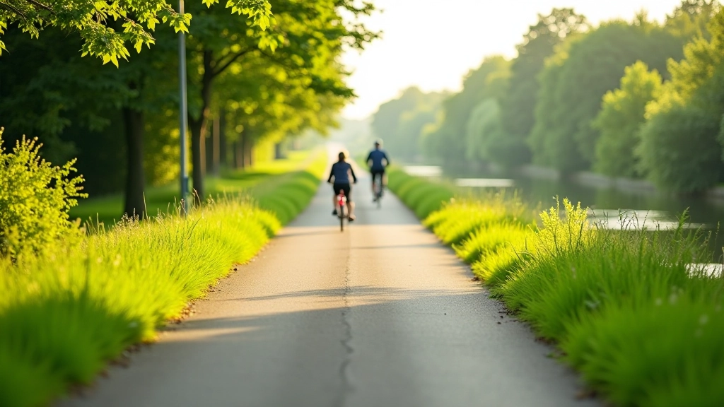 Rustig fietspad langs de Maas met grijze bestrating en groene begroeiing aan beide zijden